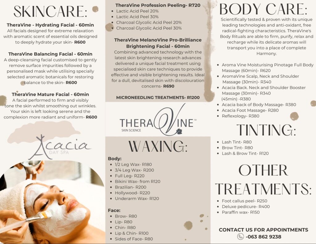 Acacia Day Spa Menu